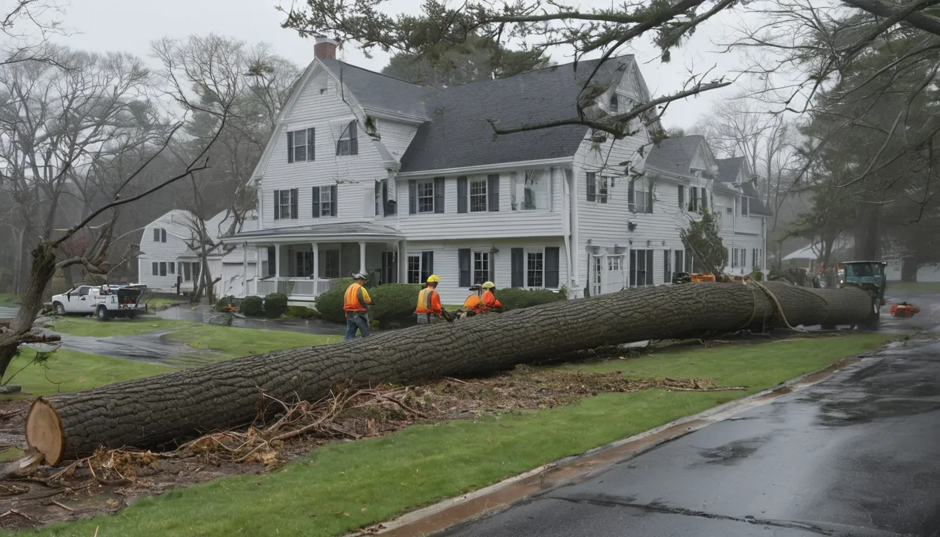Tree removal crew clearing a storm-fallen tree from a home in Kingston