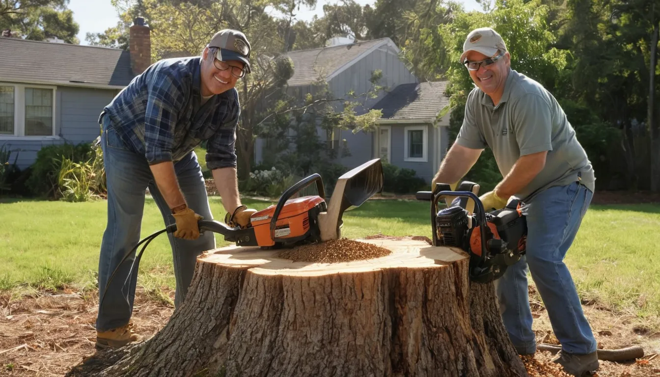 Stump grinder cutting an old tree stump in a residential yard in Kingston